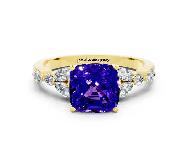 Yellow gold Cushion Cut Tanzanite Solitaire Ring with Side Stones and Four-Prong Setting