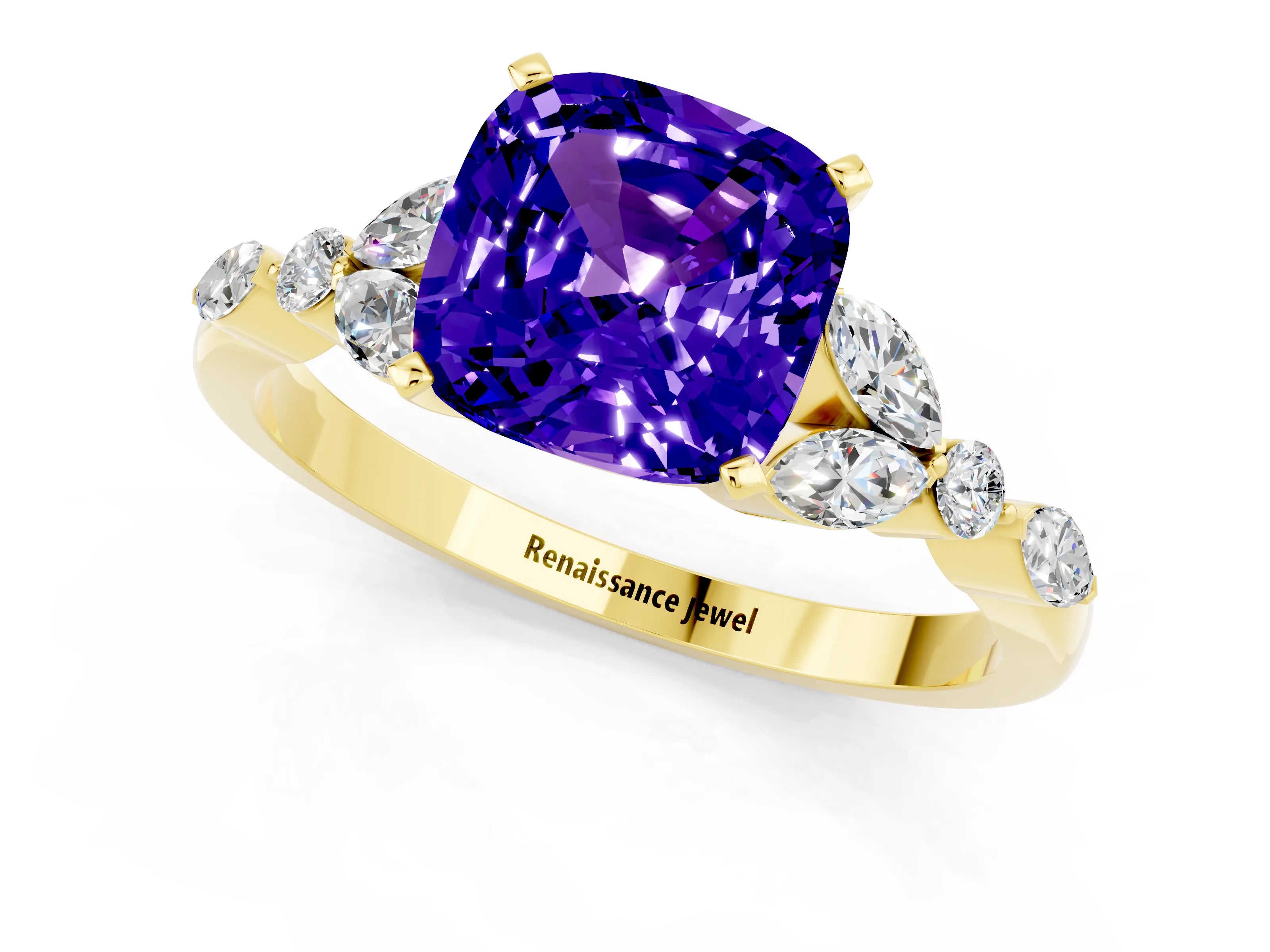 Yellow gold Cushion Cut Tanzanite Solitaire Ring with Side Stones and Four-Prong Setting_13