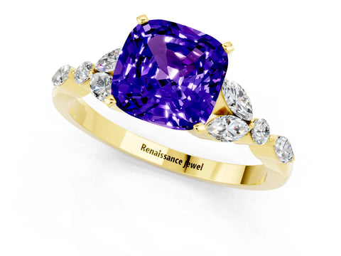 Yellow gold Cushion Cut Tanzanite Solitaire Ring with Side Stones and Four-Prong Setting_13