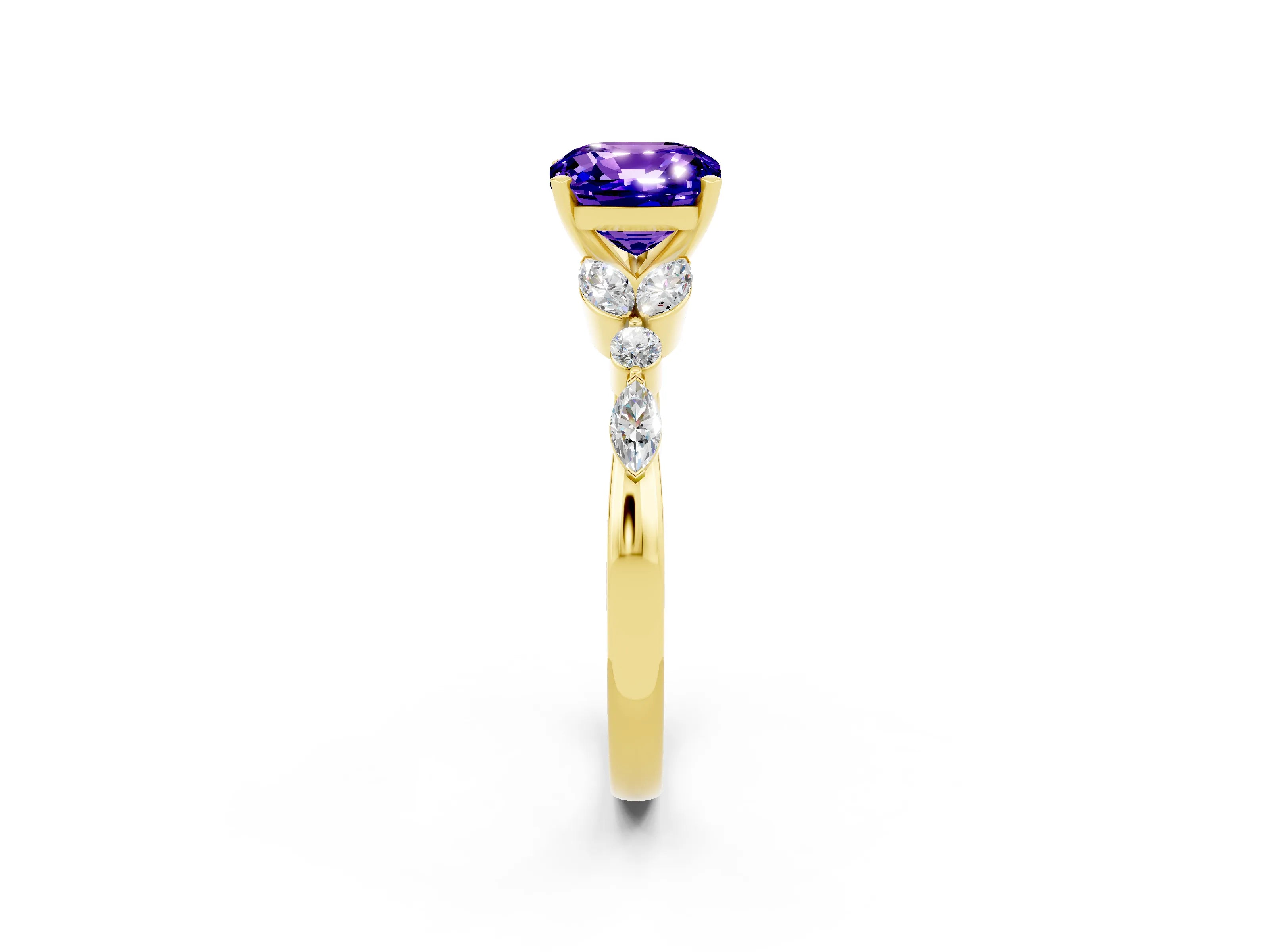 Yellow gold Cushion Cut Tanzanite Solitaire Ring with Side Stones and Four-Prong Setting_14
