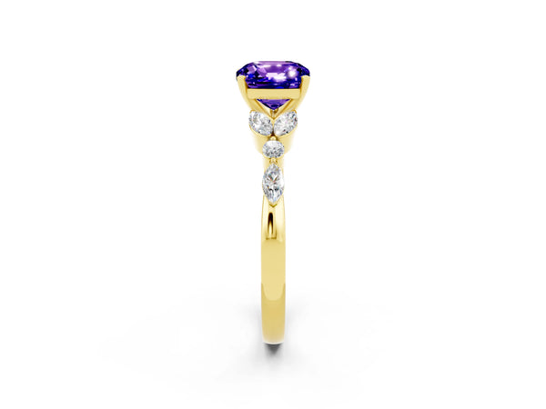 Yellow gold Cushion Cut Tanzanite Solitaire Ring with Side Stones and Four-Prong Setting