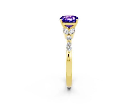 Yellow gold Cushion Cut Tanzanite Solitaire Ring with Side Stones and Four-Prong Setting_14
