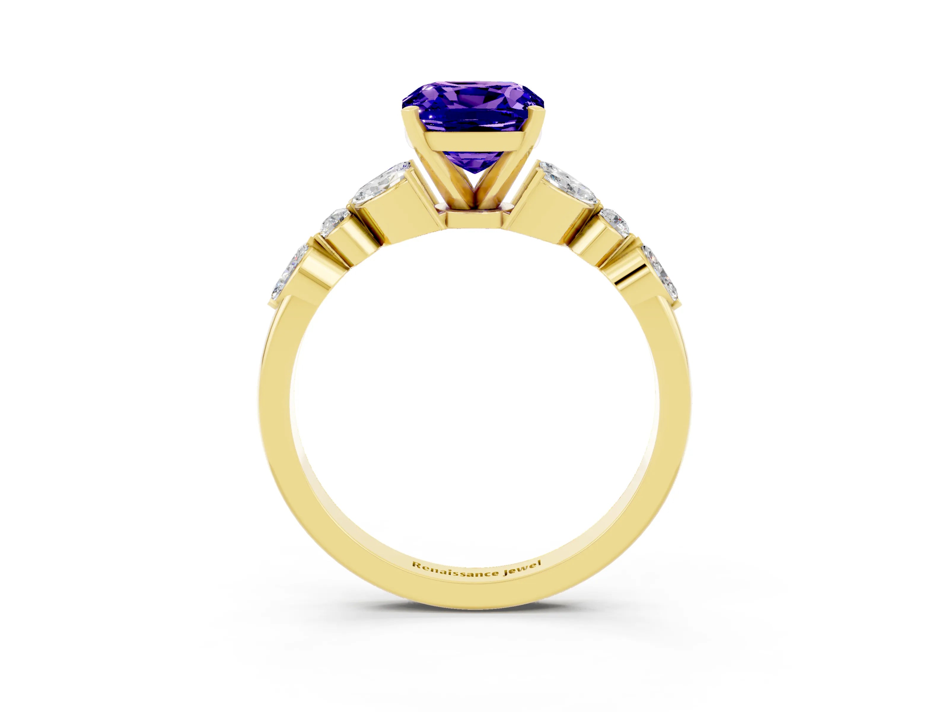 Yellow gold Cushion Cut Tanzanite Solitaire Ring with Side Stones and Four-Prong Setting_15