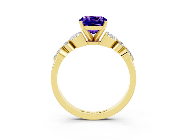 Yellow gold Cushion Cut Tanzanite Solitaire Ring with Side Stones and Four-Prong Setting