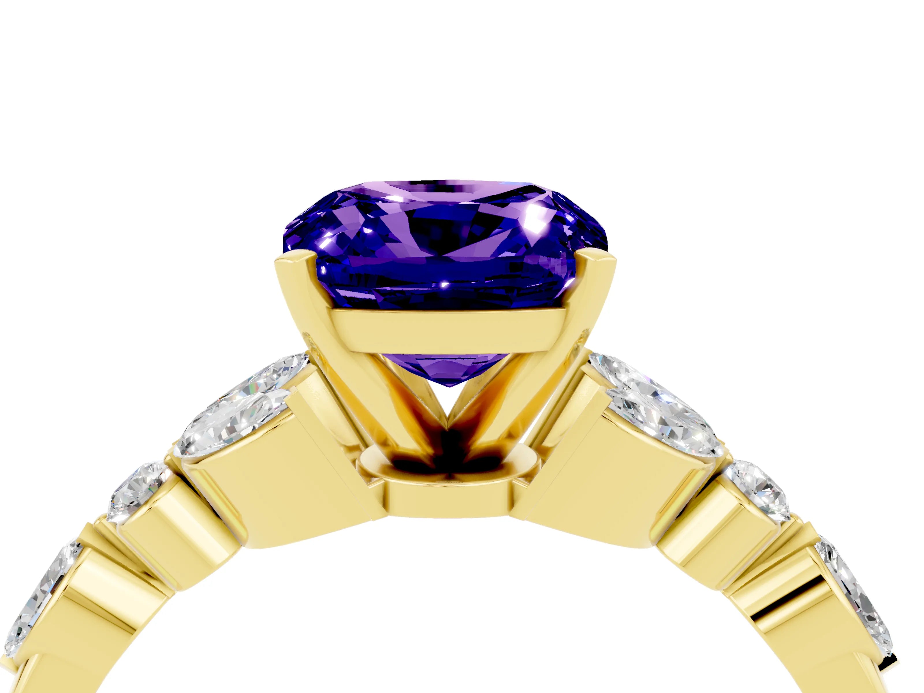Yellow gold Cushion Cut Tanzanite Solitaire Ring with Side Stones and Four-Prong Setting_16