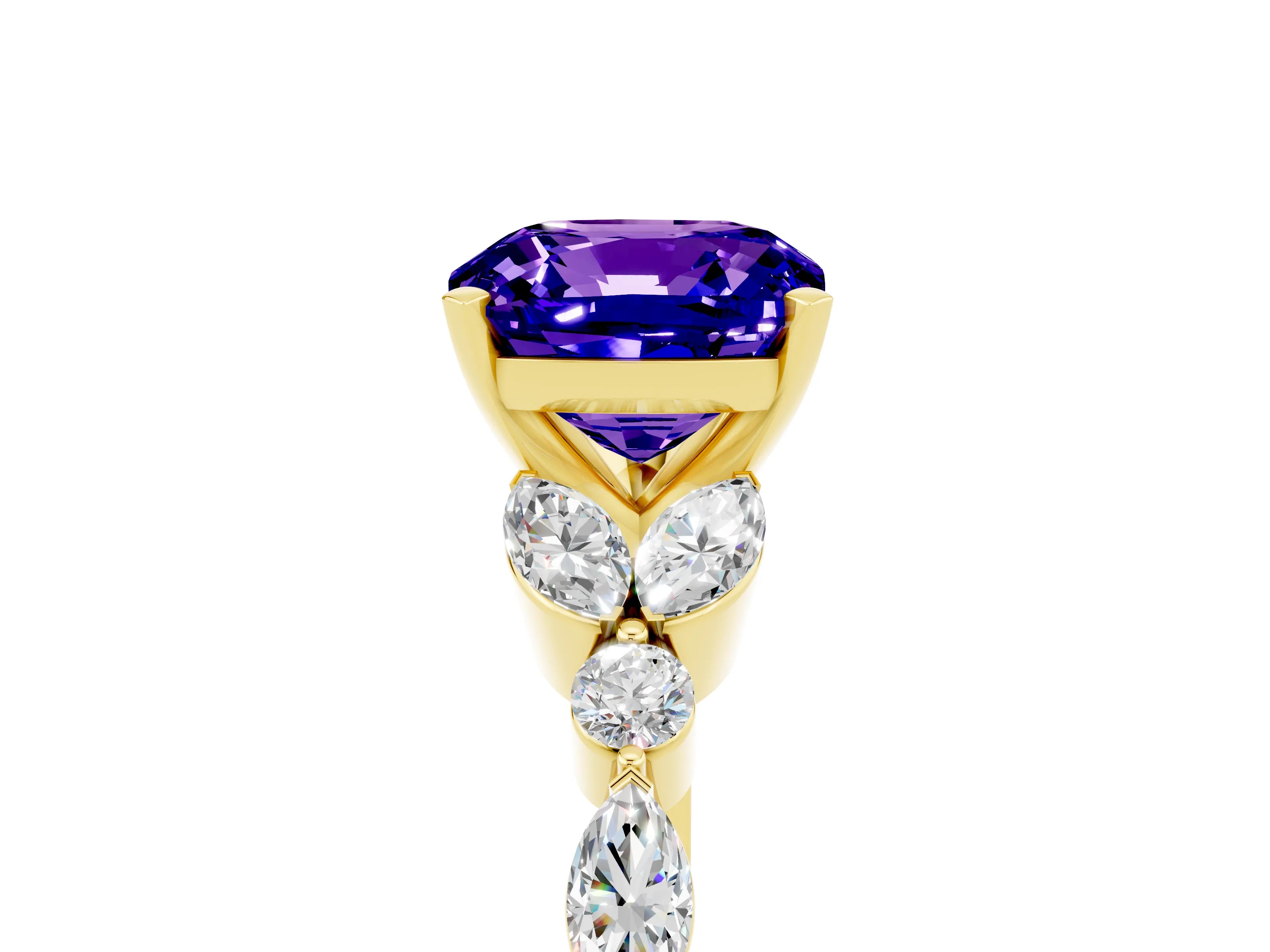 Yellow gold Cushion Cut Tanzanite Solitaire Ring with Side Stones and Four-Prong Setting_17