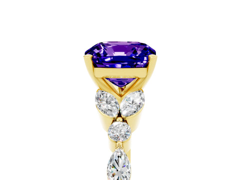 Yellow gold Cushion Cut Tanzanite Solitaire Ring with Side Stones and Four-Prong Setting_17
