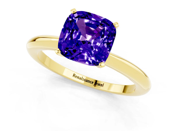 Yellow gold Cushion Cut Tanzanite Solitaire Ring with Six-Prong Setting and Classic Band