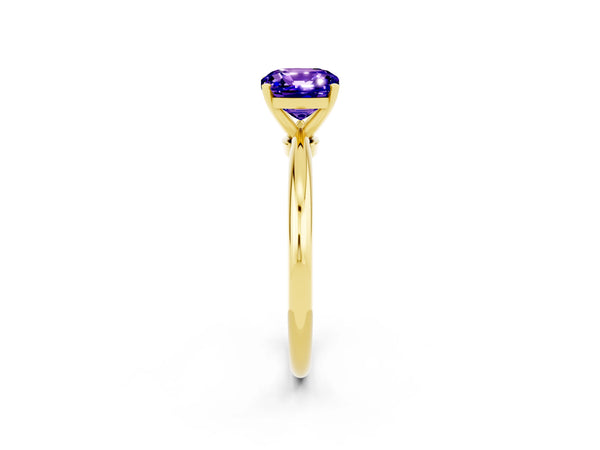 Yellow gold Cushion Cut Tanzanite Solitaire Ring with Six-Prong Setting and Classic Band