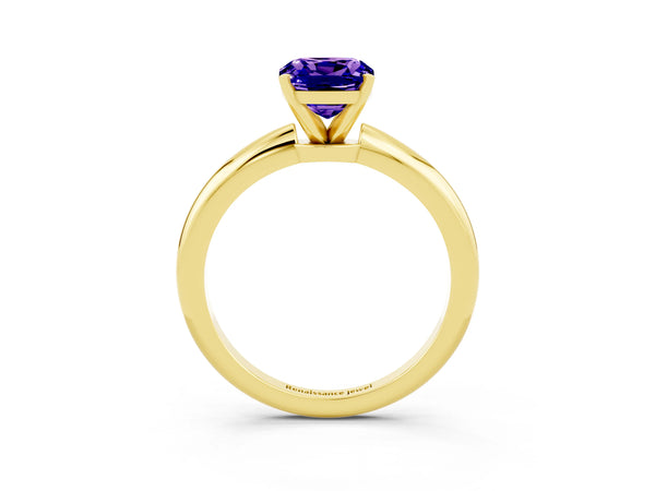 Yellow gold Cushion Cut Tanzanite Solitaire Ring with Six-Prong Setting and Classic Band