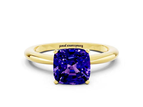 Yellow gold Cushion Cut Tanzanite Solitaire Ring with Six-Prong Setting and Classic Band