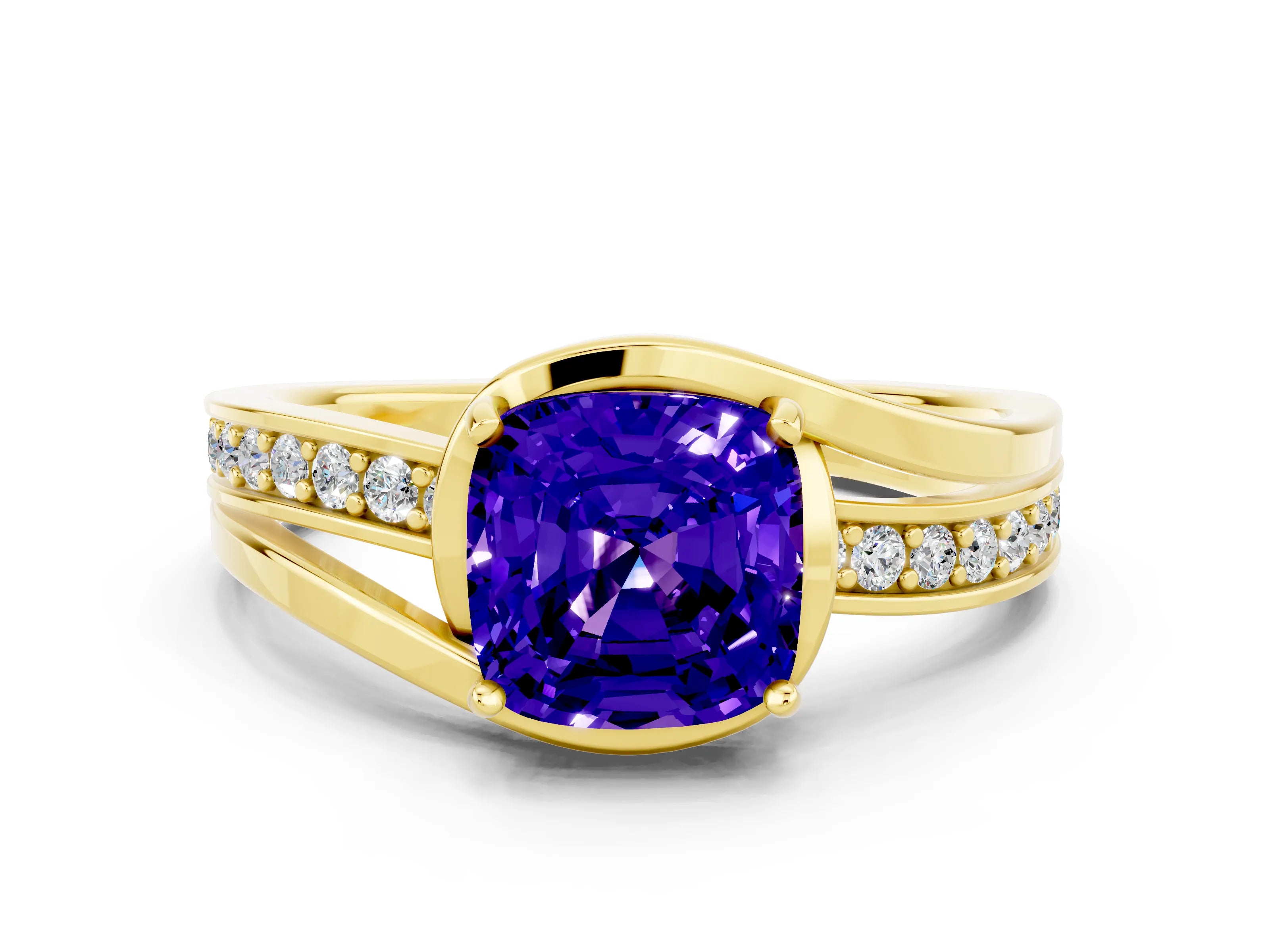 Yellow gold Cushion Cut Tanzanite Solitaire Ring with Split Shank and Prong Setting
