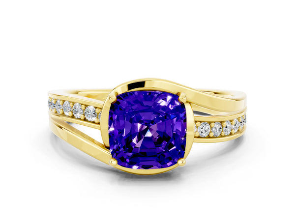 Yellow gold Cushion Cut Tanzanite Solitaire Ring with Split Shank and Prong Setting