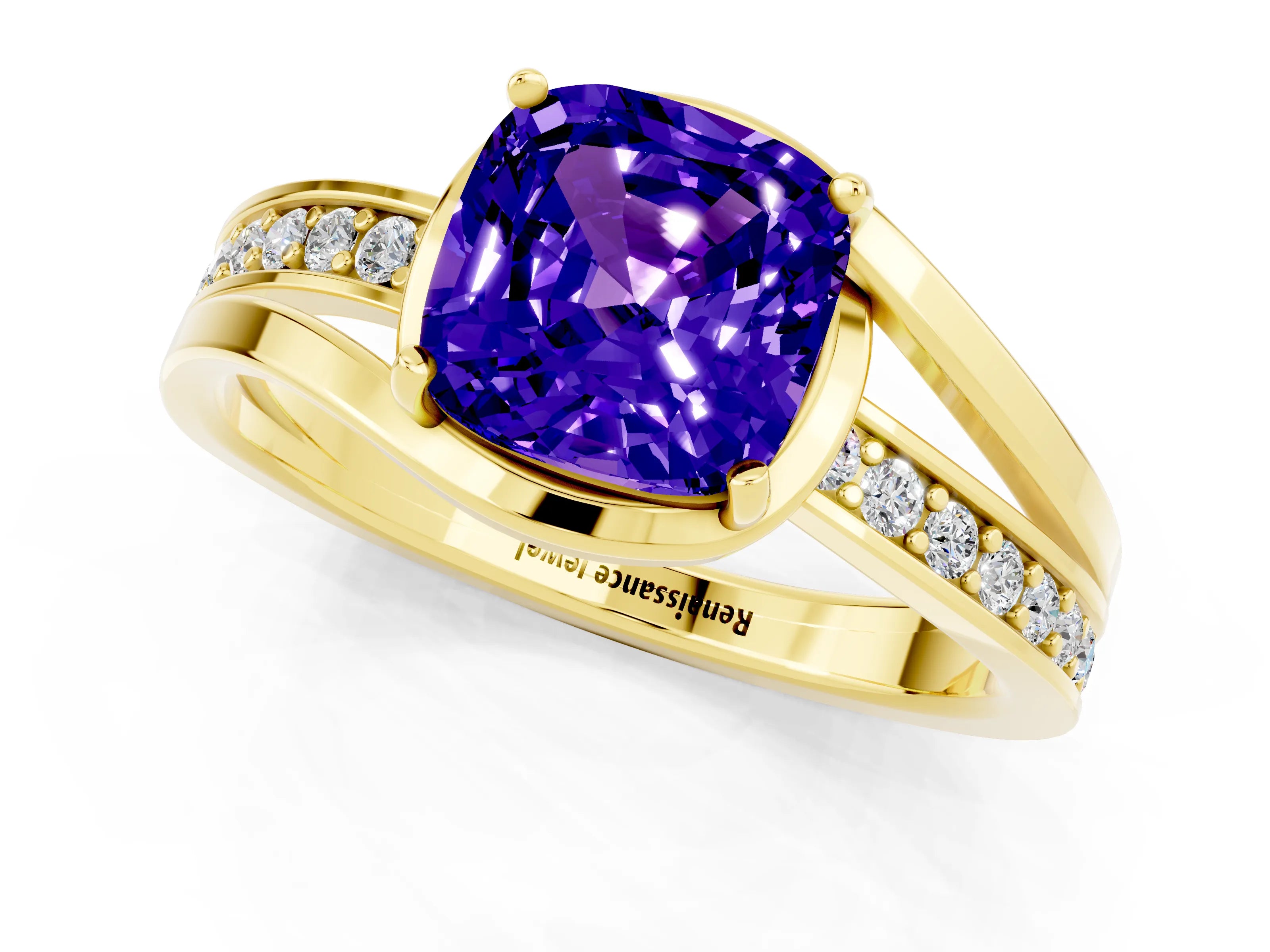 Yellow gold Cushion Cut Tanzanite Solitaire Ring with Split Shank and Prong Setting_1