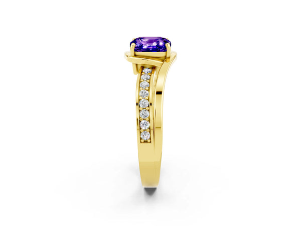 Yellow gold Cushion Cut Tanzanite Solitaire Ring with Split Shank and Prong Setting