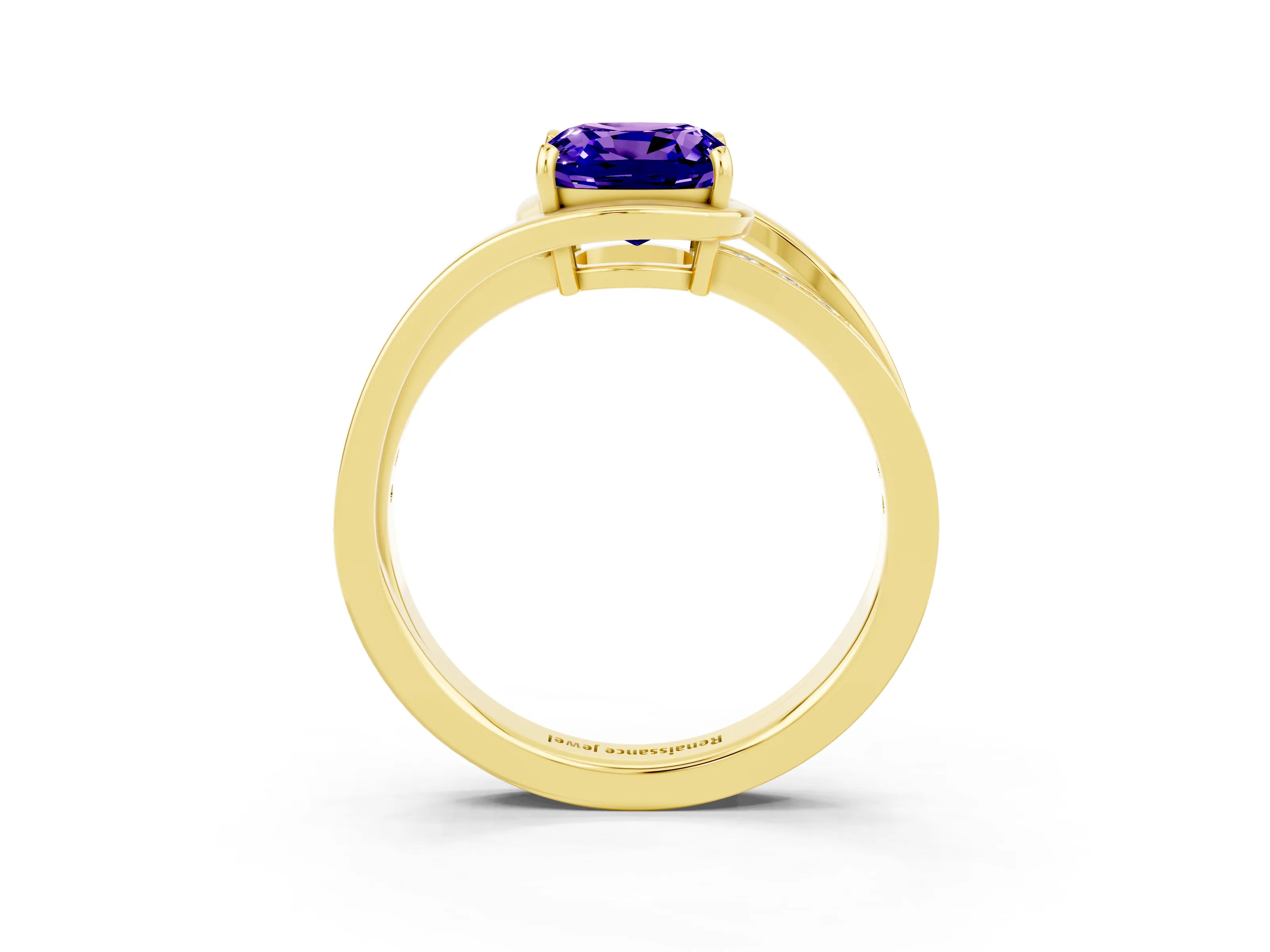 Yellow gold Cushion Cut Tanzanite Solitaire Ring with Split Shank and Prong Setting_3