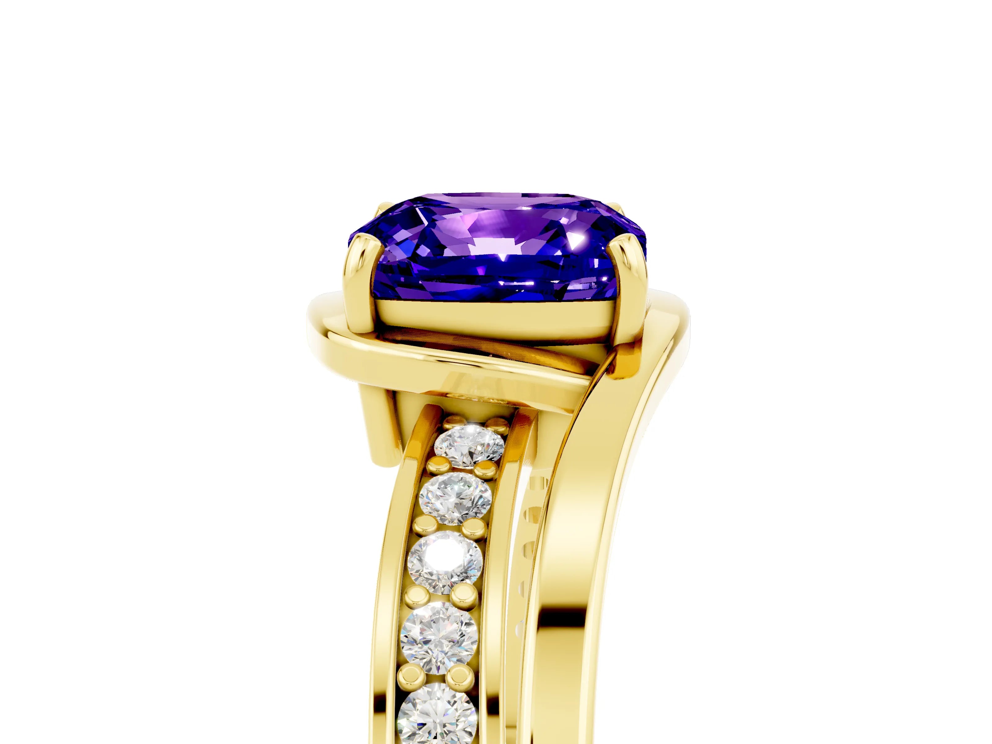 Yellow gold Cushion Cut Tanzanite Solitaire Ring with Split Shank and Prong Setting_5