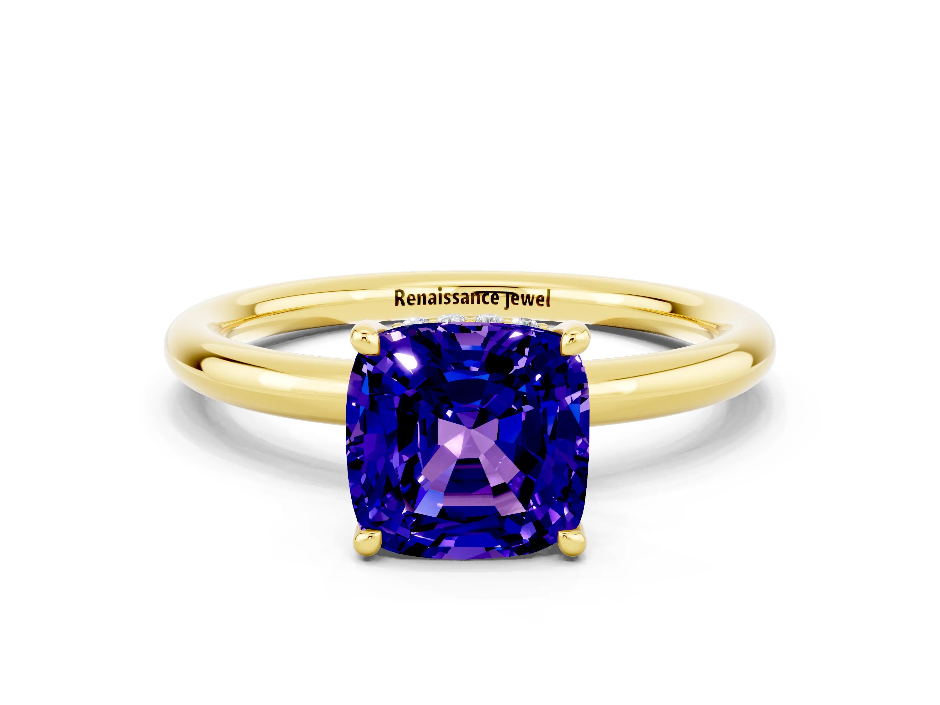 Yellow gold Cushion Cut Tanzanite Solitaire Ring with Thin Band and Four-Prong Setting