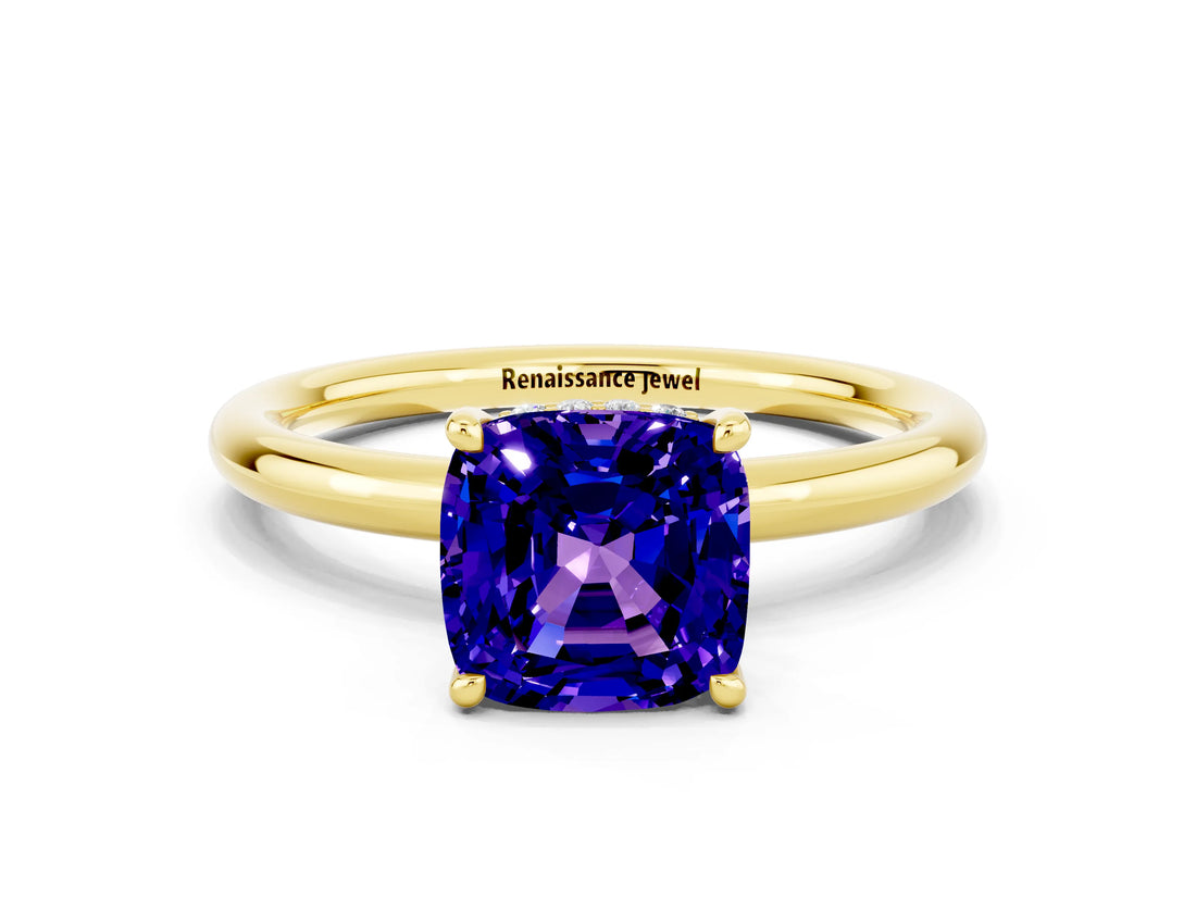Yellow gold Cushion Cut Tanzanite Solitaire Ring with Thin Band and Four-Prong Setting