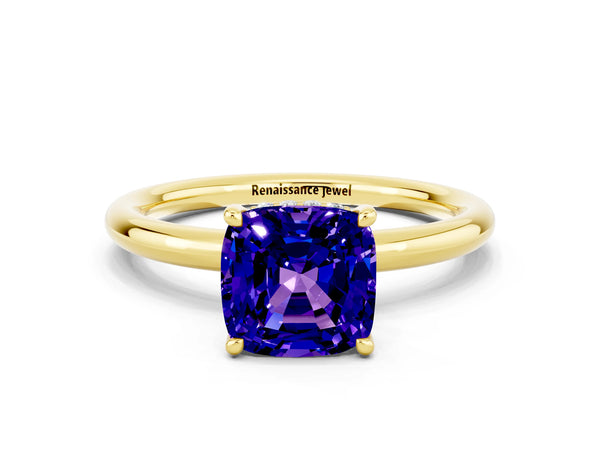 Yellow gold Cushion Cut Tanzanite Solitaire Ring with Thin Band and Four-Prong Setting