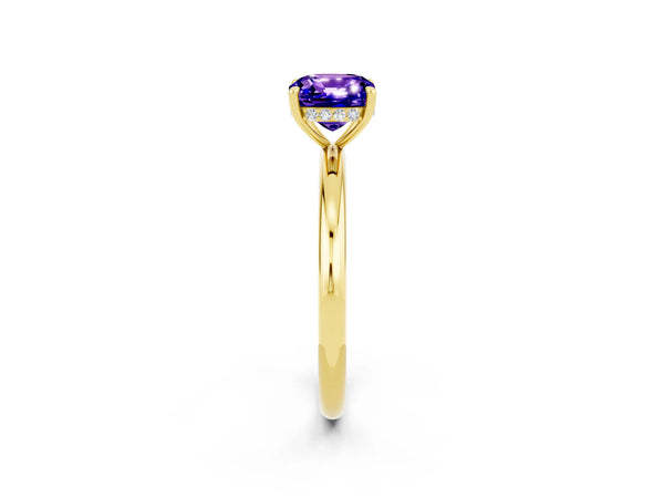 Yellow gold Cushion Cut Tanzanite Solitaire Ring with Thin Band and Four-Prong Setting