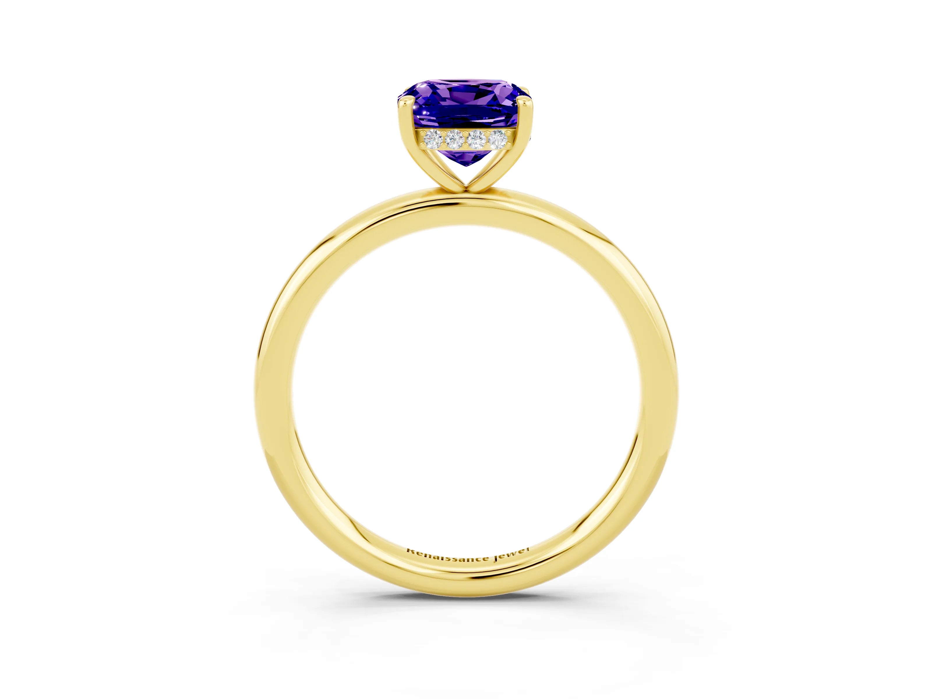 Yellow gold Cushion Cut Tanzanite Solitaire Ring with Thin Band and Four-Prong Setting_3