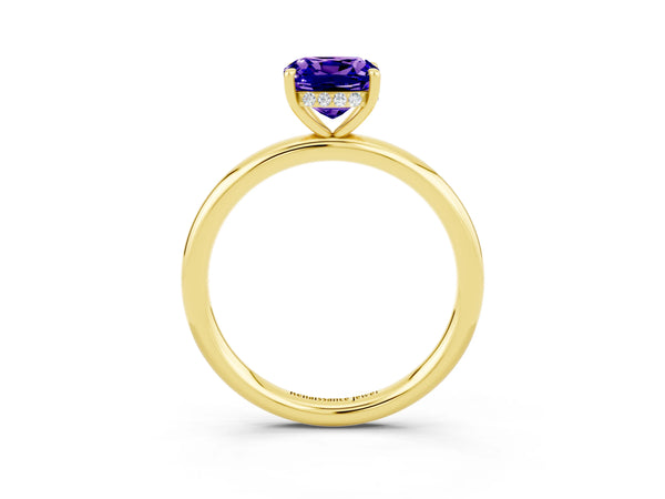 Yellow gold Cushion Cut Tanzanite Solitaire Ring with Thin Band and Four-Prong Setting