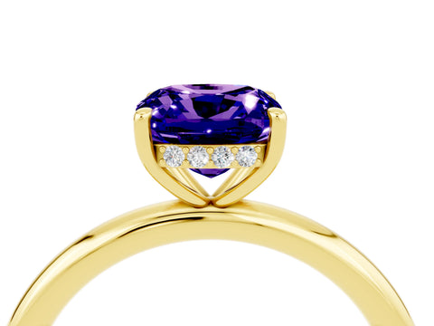 Yellow gold Cushion Cut Tanzanite Solitaire Ring with Thin Band and Four-Prong Setting_4