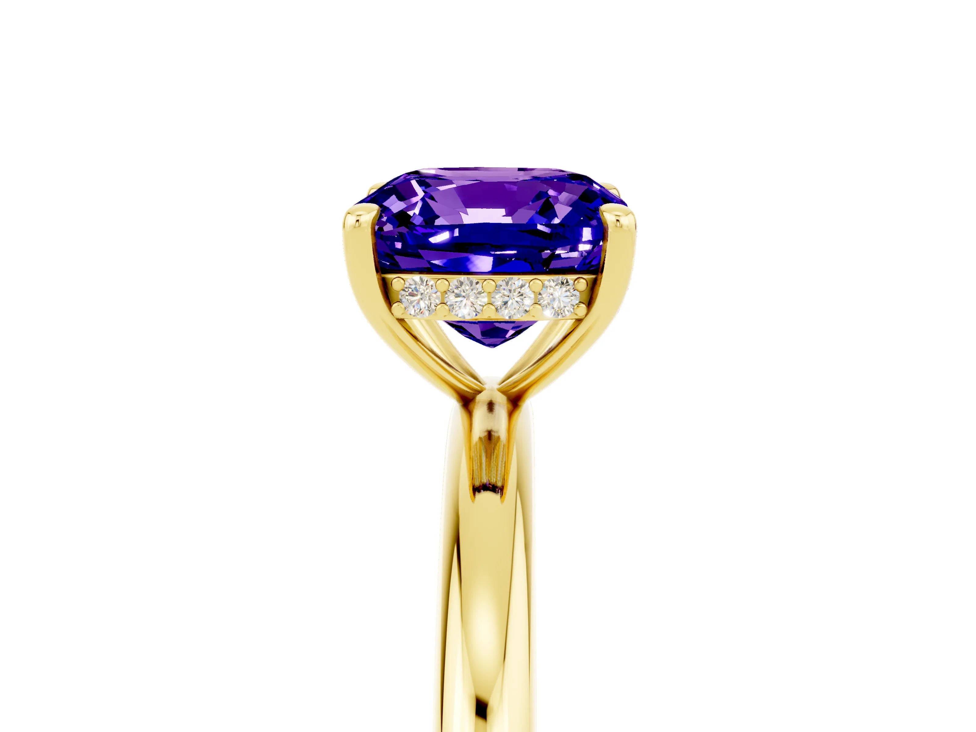 Yellow gold Cushion Cut Tanzanite Solitaire Ring with Thin Band and Four-Prong Setting_5