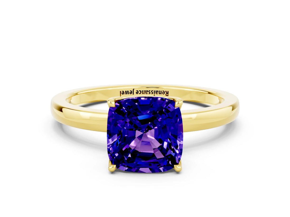 Yellow gold Cushion Cut Tanzanite Solitaire Ring with Thin Band and Prong Setting_12