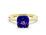 Yellow gold Cushion Cut Tanzanite Solitaire Ring with Thin Band and Prong Setting_12