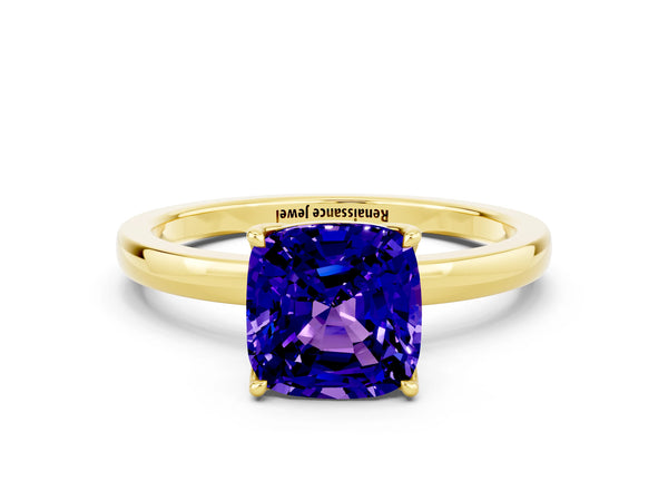 Yellow gold Cushion Cut Tanzanite Solitaire Ring with Thin Band and Prong Setting
