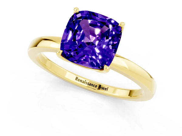 Yellow gold Cushion Cut Tanzanite Solitaire Ring with Thin Band and Prong Setting