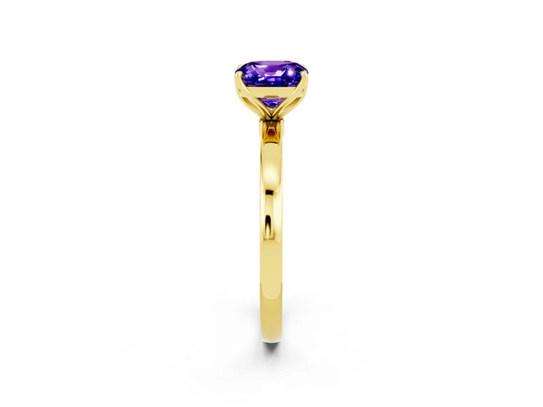 Yellow gold Cushion Cut Tanzanite Solitaire Ring with Thin Band and Prong Setting