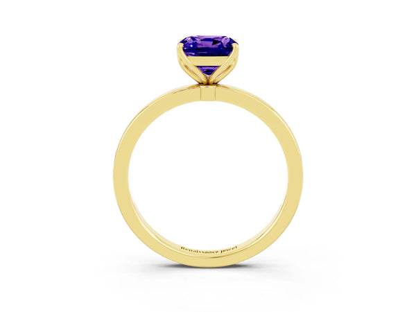 Yellow gold Cushion Cut Tanzanite Solitaire Ring with Thin Band and Prong Setting