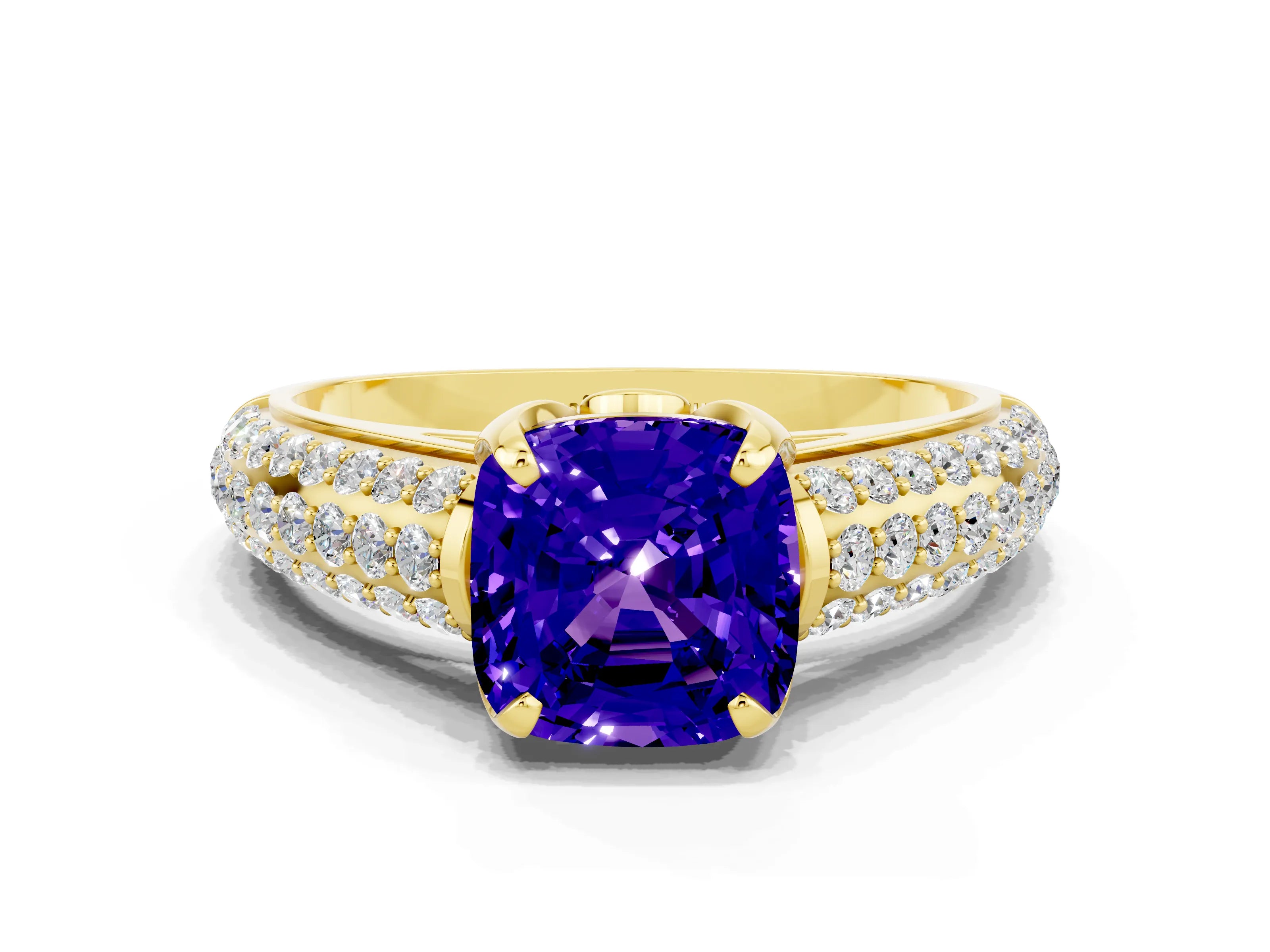 Yellow gold Cushion Cut Tanzanite Solitaire Ring with Three-Row Pavé Band and Four-Prong Setting_12