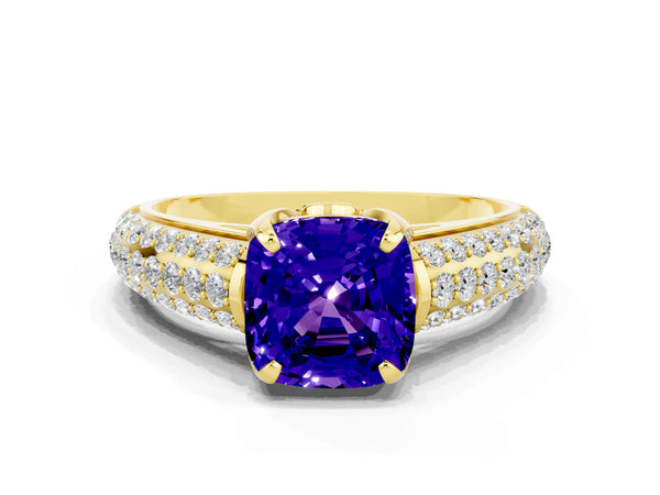Yellow gold Cushion Cut Tanzanite Solitaire Ring with Three-Row Pavé Band and Four-Prong Setting