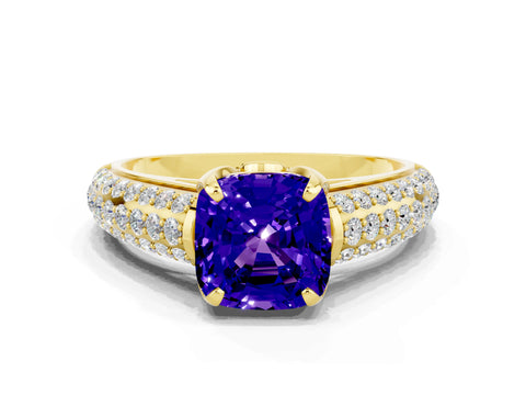Yellow gold Cushion Cut Tanzanite Solitaire Ring with Three-Row Pavé Band and Four-Prong Setting_12