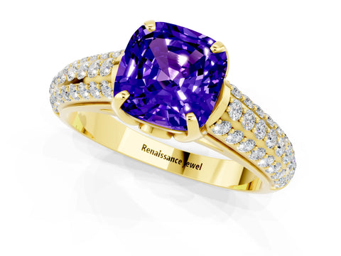 Yellow gold Cushion Cut Tanzanite Solitaire Ring with Three-Row Pavé Band and Four-Prong Setting_13
