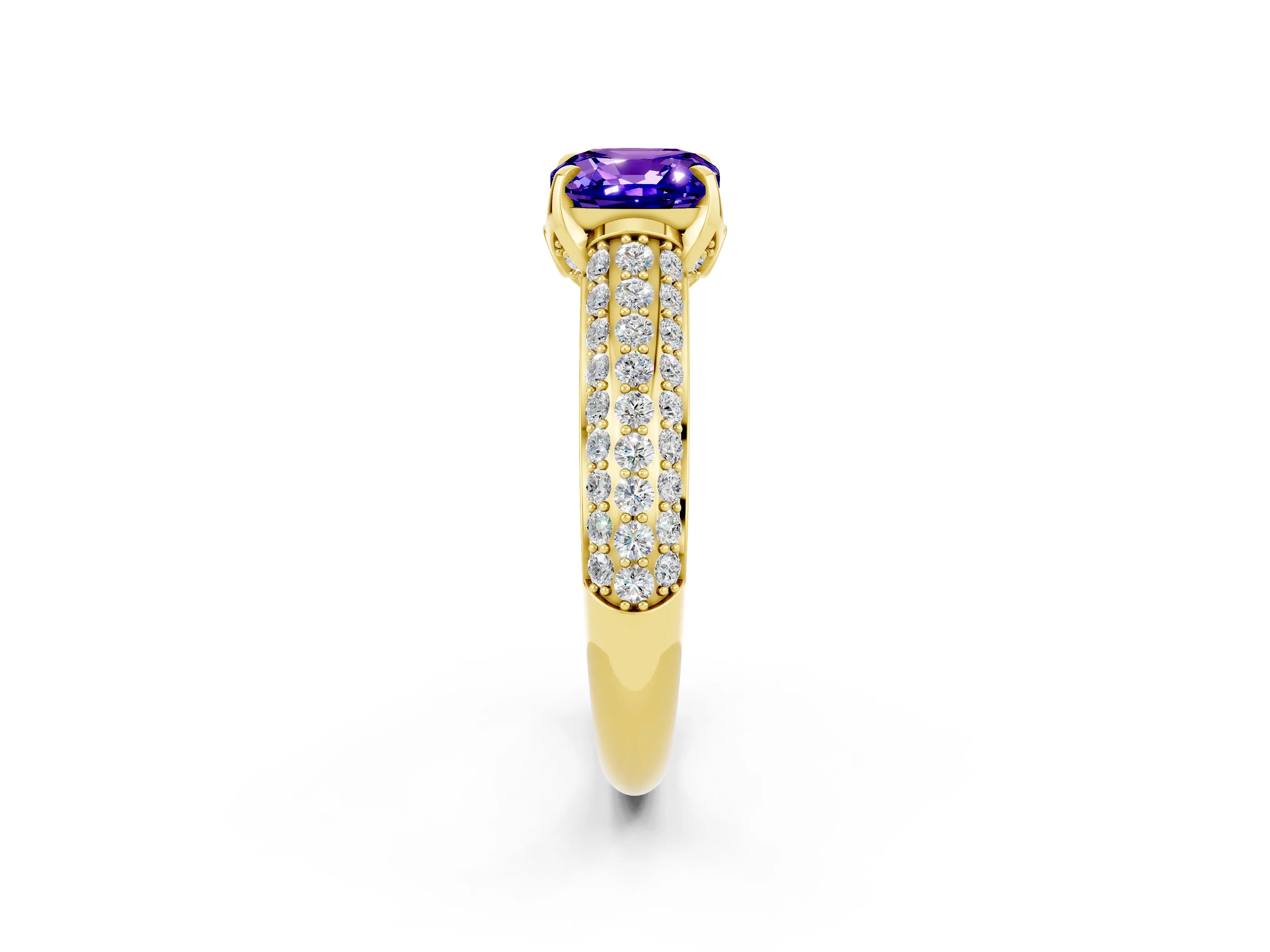 Yellow gold Cushion Cut Tanzanite Solitaire Ring with Three-Row Pavé Band and Four-Prong Setting_14