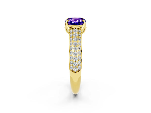 Yellow gold Cushion Cut Tanzanite Solitaire Ring with Three-Row Pavé Band and Four-Prong Setting