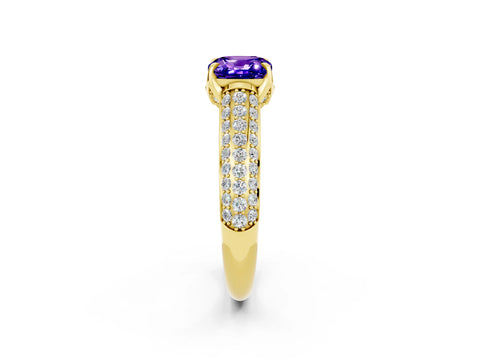 Yellow gold Cushion Cut Tanzanite Solitaire Ring with Three-Row Pavé Band and Four-Prong Setting_14
