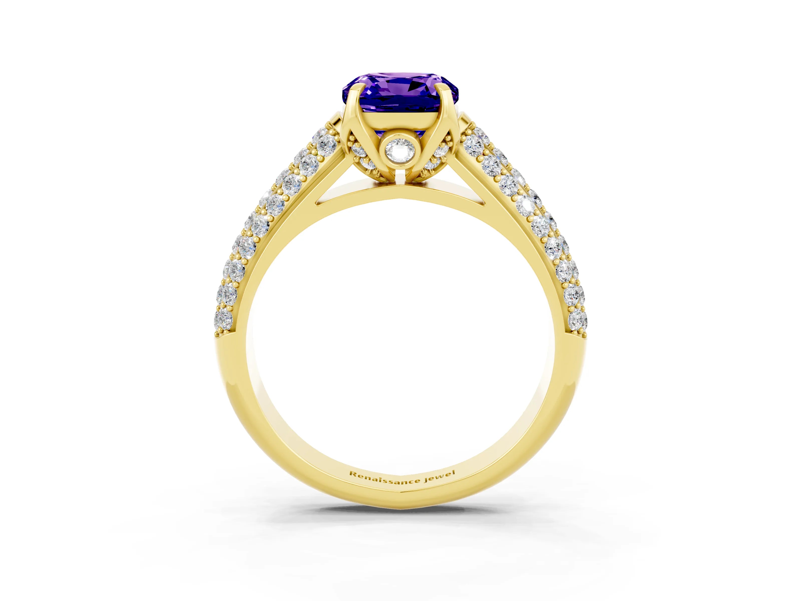 Yellow gold Cushion Cut Tanzanite Solitaire Ring with Three-Row Pavé Band and Four-Prong Setting_15