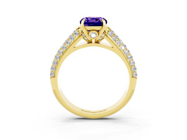 Yellow gold Cushion Cut Tanzanite Solitaire Ring with Three-Row Pavé Band and Four-Prong Setting
