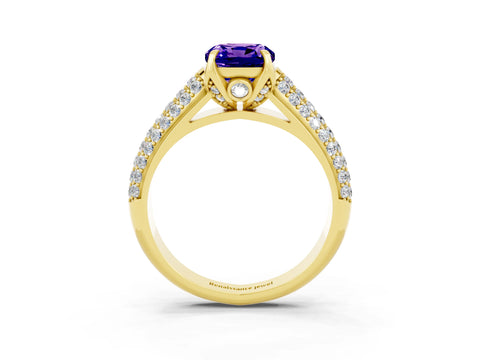 Yellow gold Cushion Cut Tanzanite Solitaire Ring with Three-Row Pavé Band and Four-Prong Setting_15