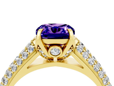 Yellow gold Cushion Cut Tanzanite Solitaire Ring with Three-Row Pavé Band and Four-Prong Setting_16