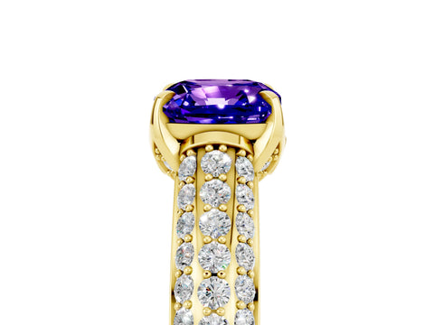 Yellow gold Cushion Cut Tanzanite Solitaire Ring with Three-Row Pavé Band and Four-Prong Setting_17