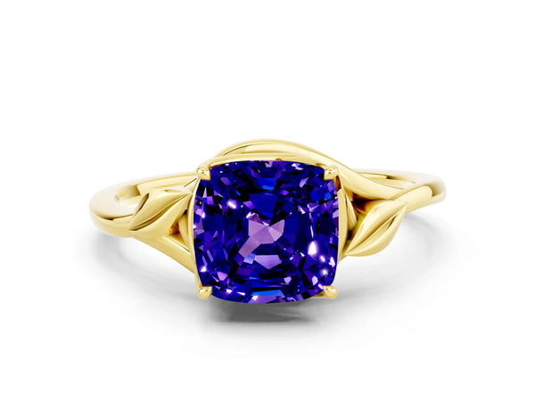 Yellow gold Cushion Cut Tanzanite Solitaire Ring with Twist Band and Four-Prong Setting