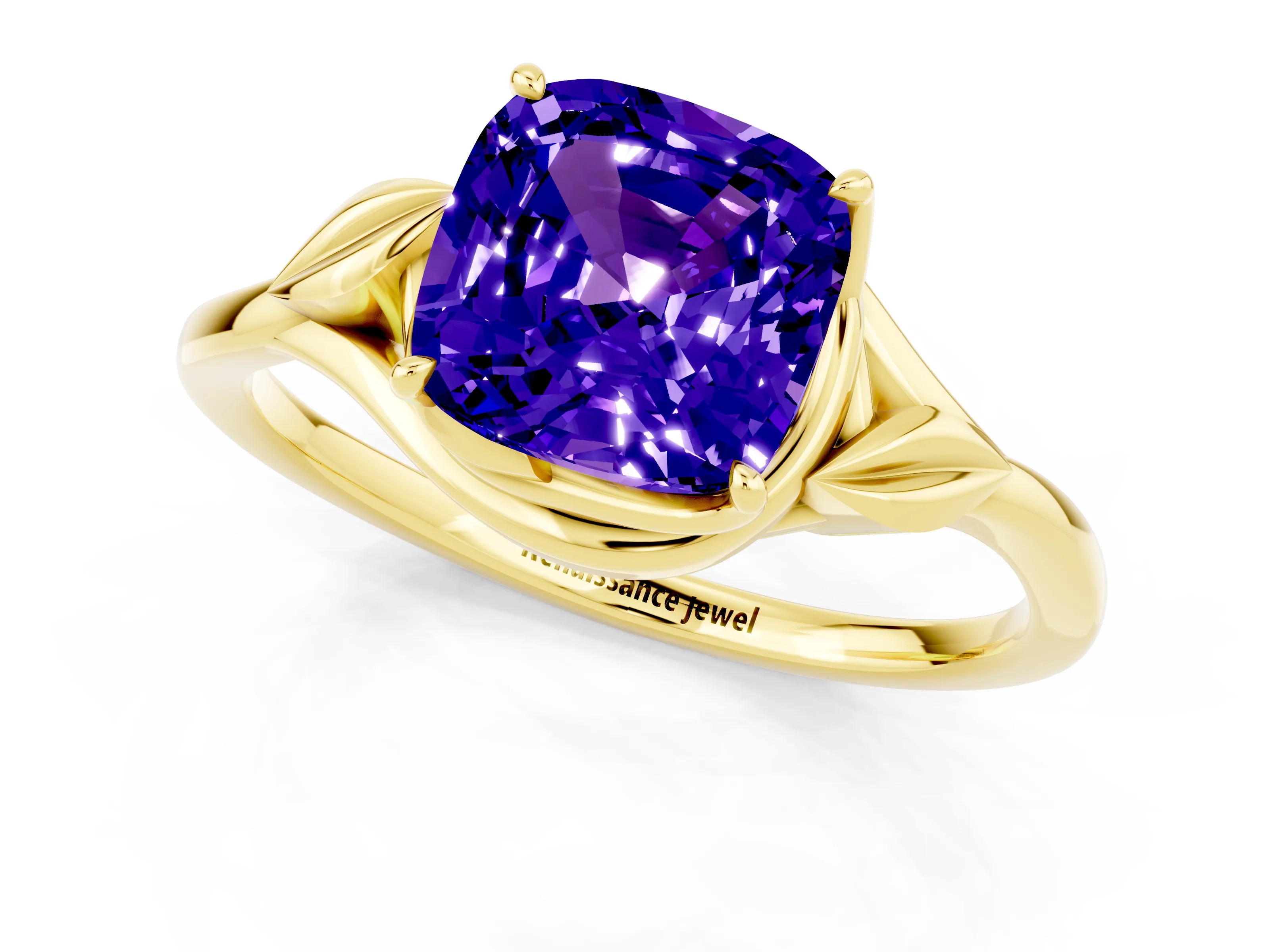 Yellow gold Cushion Cut Tanzanite Solitaire Ring with Twist Band and Four-Prong Setting_25
