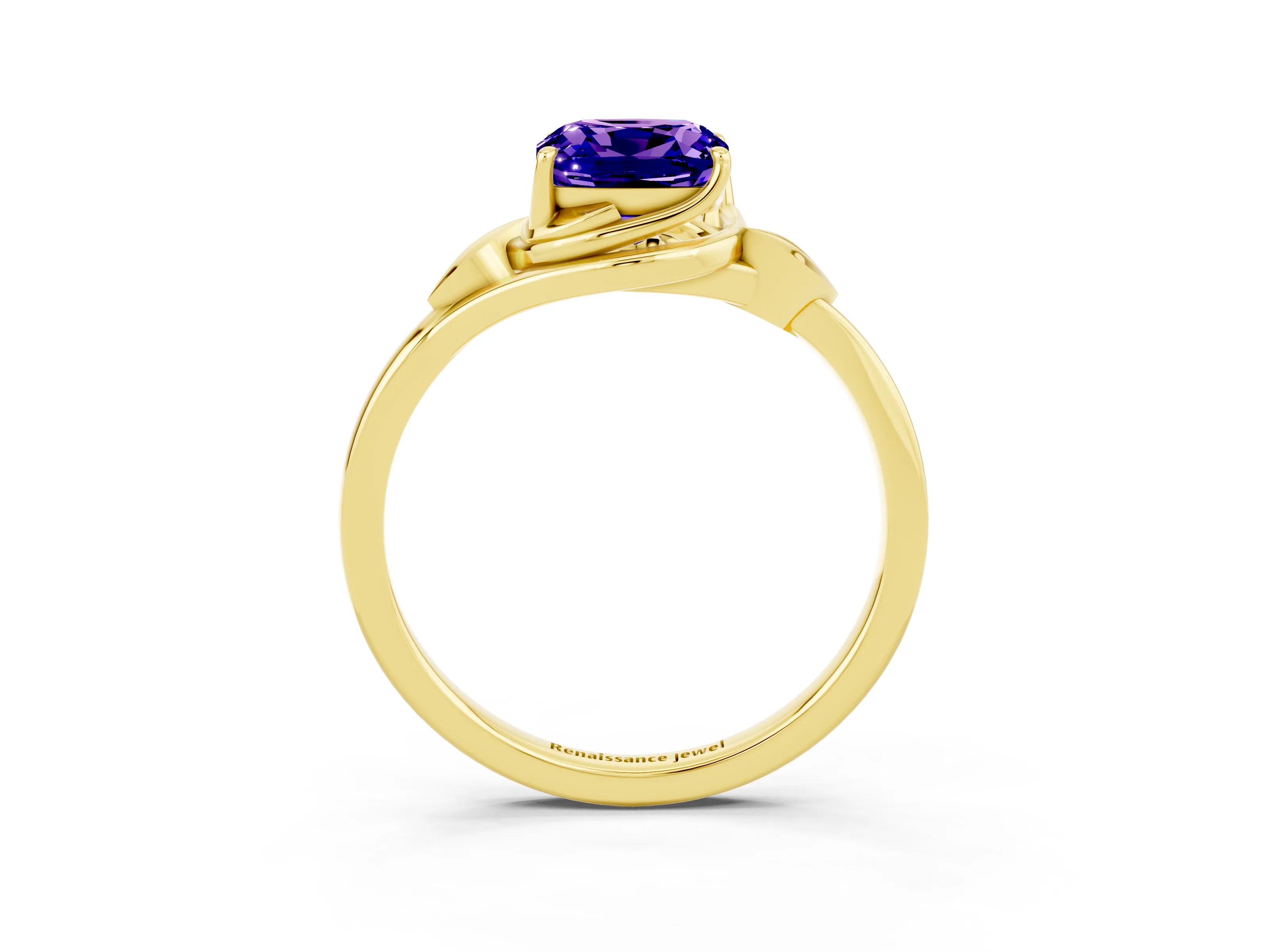 Yellow gold Cushion Cut Tanzanite Solitaire Ring with Twist Band and Four-Prong Setting_27